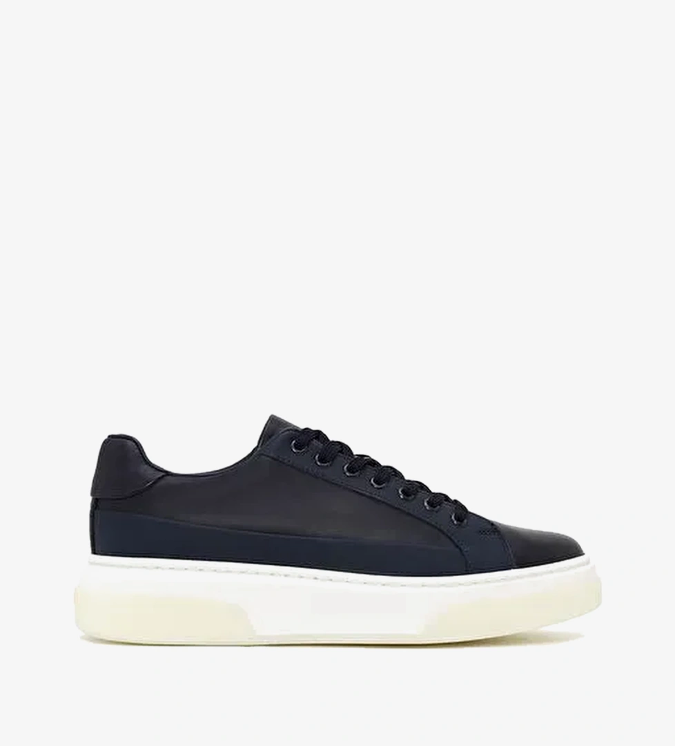 Erkek Lacivert Bağcıklı Kalın Tabanlı Deri Sneaker WM740005DV