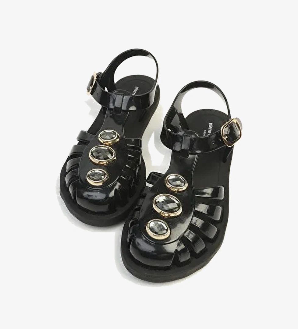 Kadın Siyah Jelly Sandalet – Taş Detaylı Bilekten Tokalı Şık Yazlık Sandalet PCO-1021