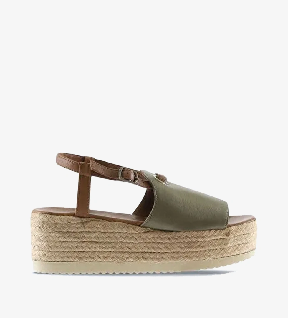 Bueno Shoes Yeşil Kahve Deri Kadın Dolgu Topuklu Espadril Sandalet 01wu6103