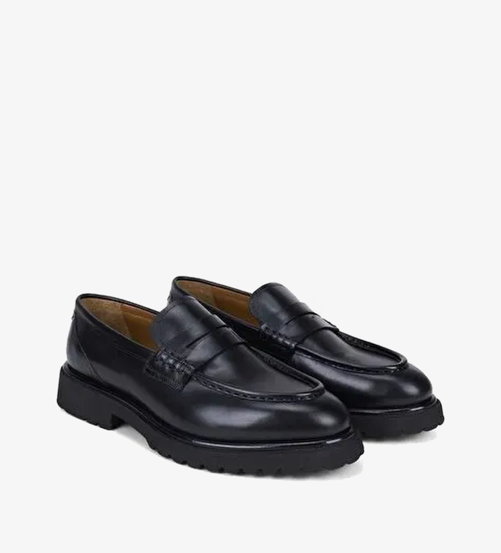 Erkek Siyah Apron Dikişli Kalın Tabanlı Deri Loafer