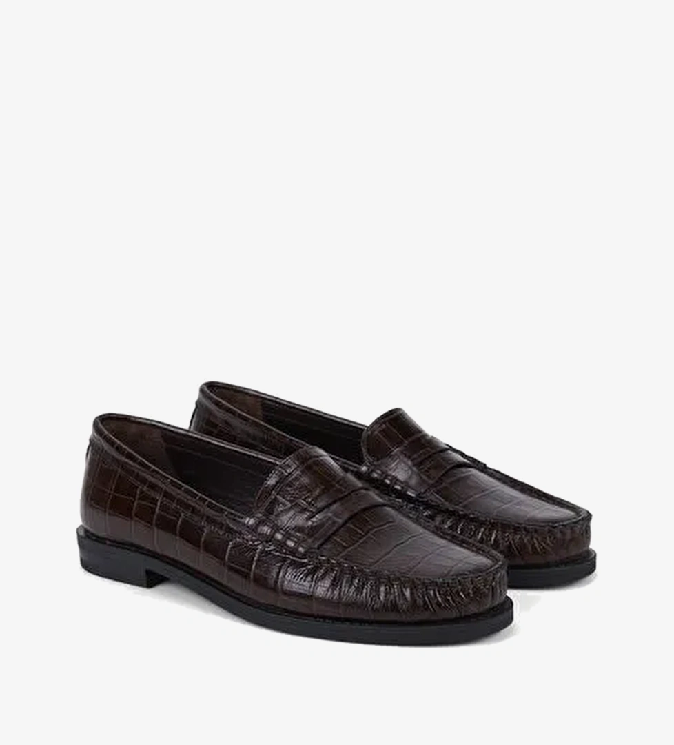 Kadın Kahve Kroko Baskılı Klasik Deri Loafer