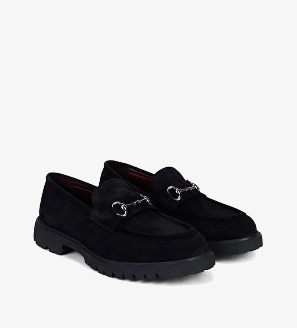 Erkek Siyah Gümüş Tokalı Süet Loafer
