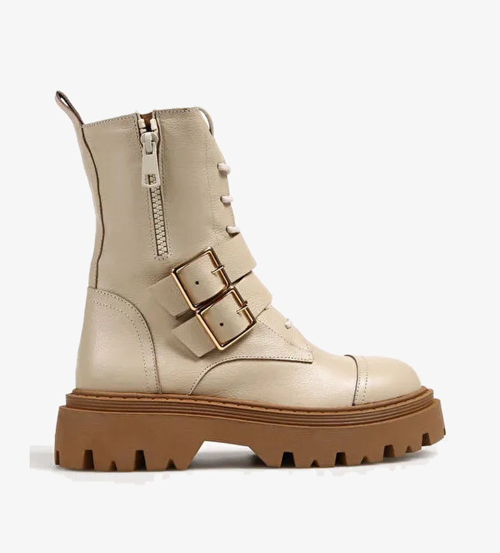 Manijero Bej Kadın Deri Bot Celia - Görsel 1