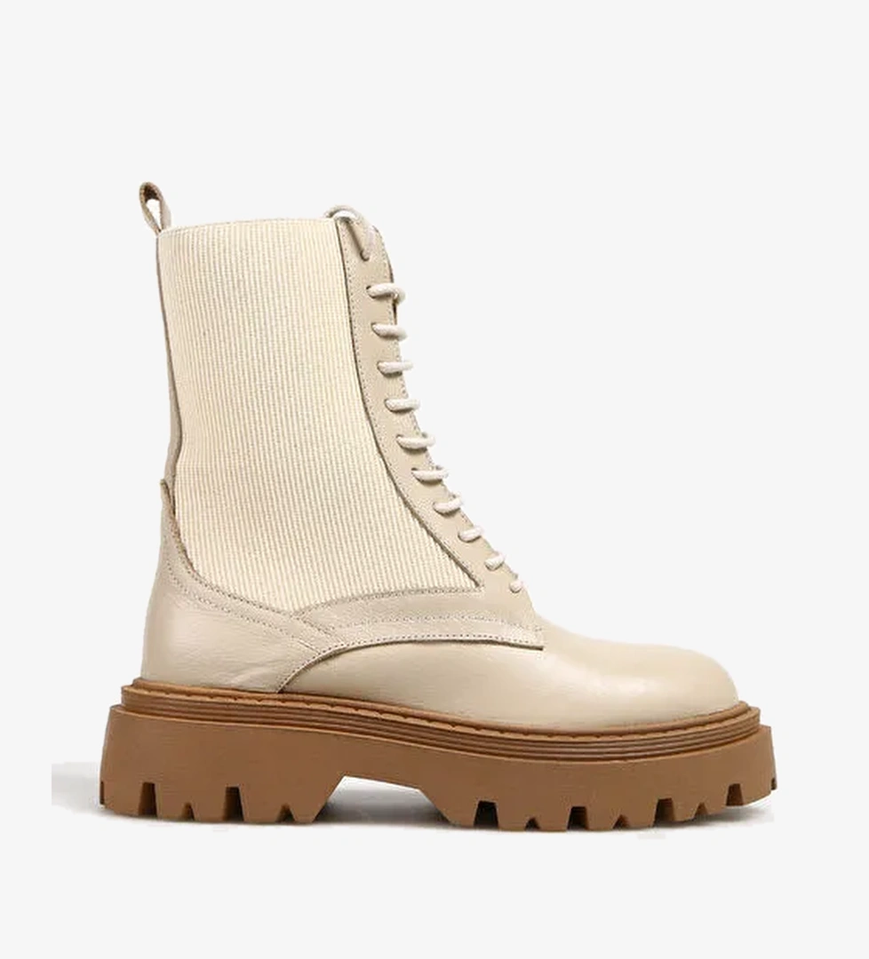 Manijero Bej Kadın Deri - Kumaş Bot Nora - Görsel 1