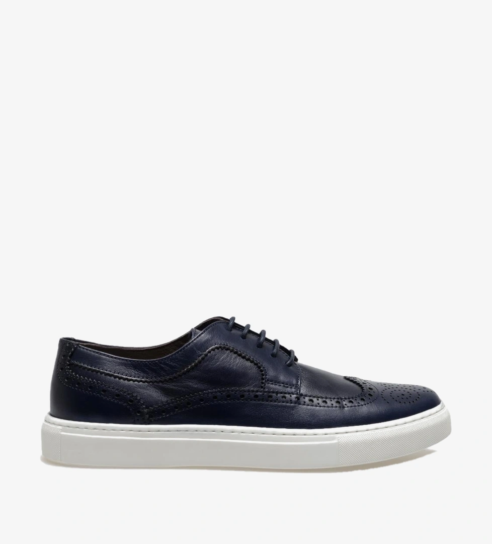 Cabani Men Navy Blue Genuine Leather Wing Tip Casual Shoes