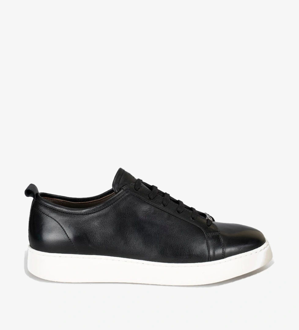 Siyah Hakiki Dana Deri Bağcıklı Günlük Erkek Sneaker