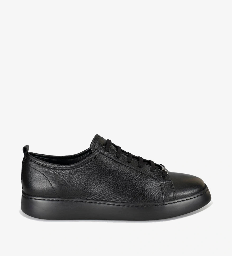 Siyah Hakiki Dana Deri Bağcıklı Günlük Erkek Sneaker