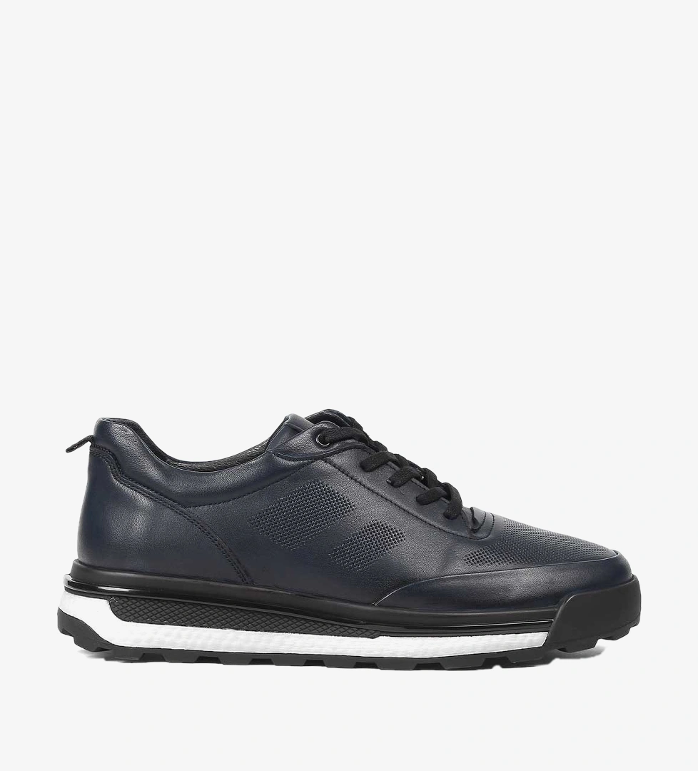 Erkek Lacivert Bağcıklı Kalın Tabanlı Deri Sneaker