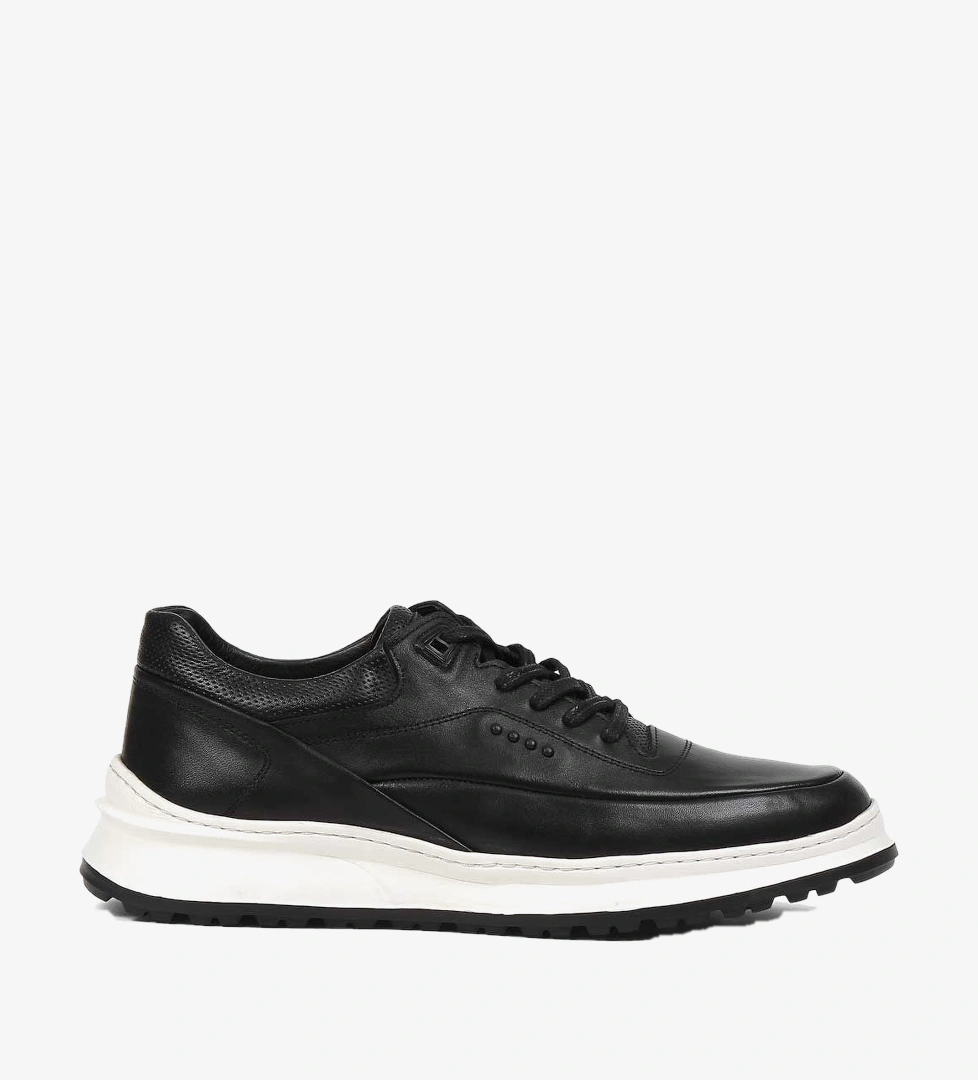Erkek Siyah Bağcıklı Kalın Tabanlı Deri Sneaker