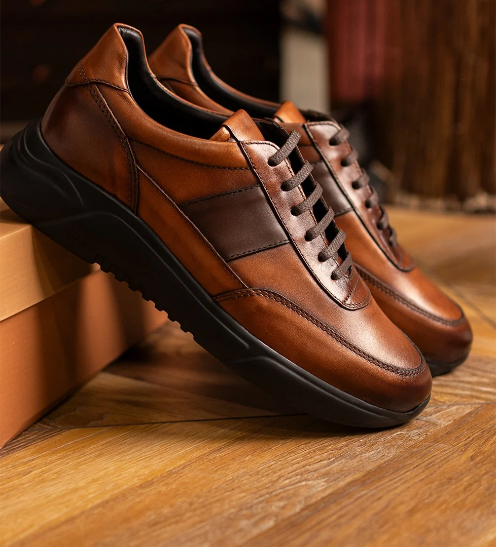 Hakiki Deri Taba Rengi Vintage Erkek Sneaker Ayakkabı