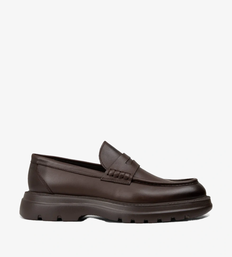 Erkek Kahverengi Hakiki Deri Kalın Taban Loafer