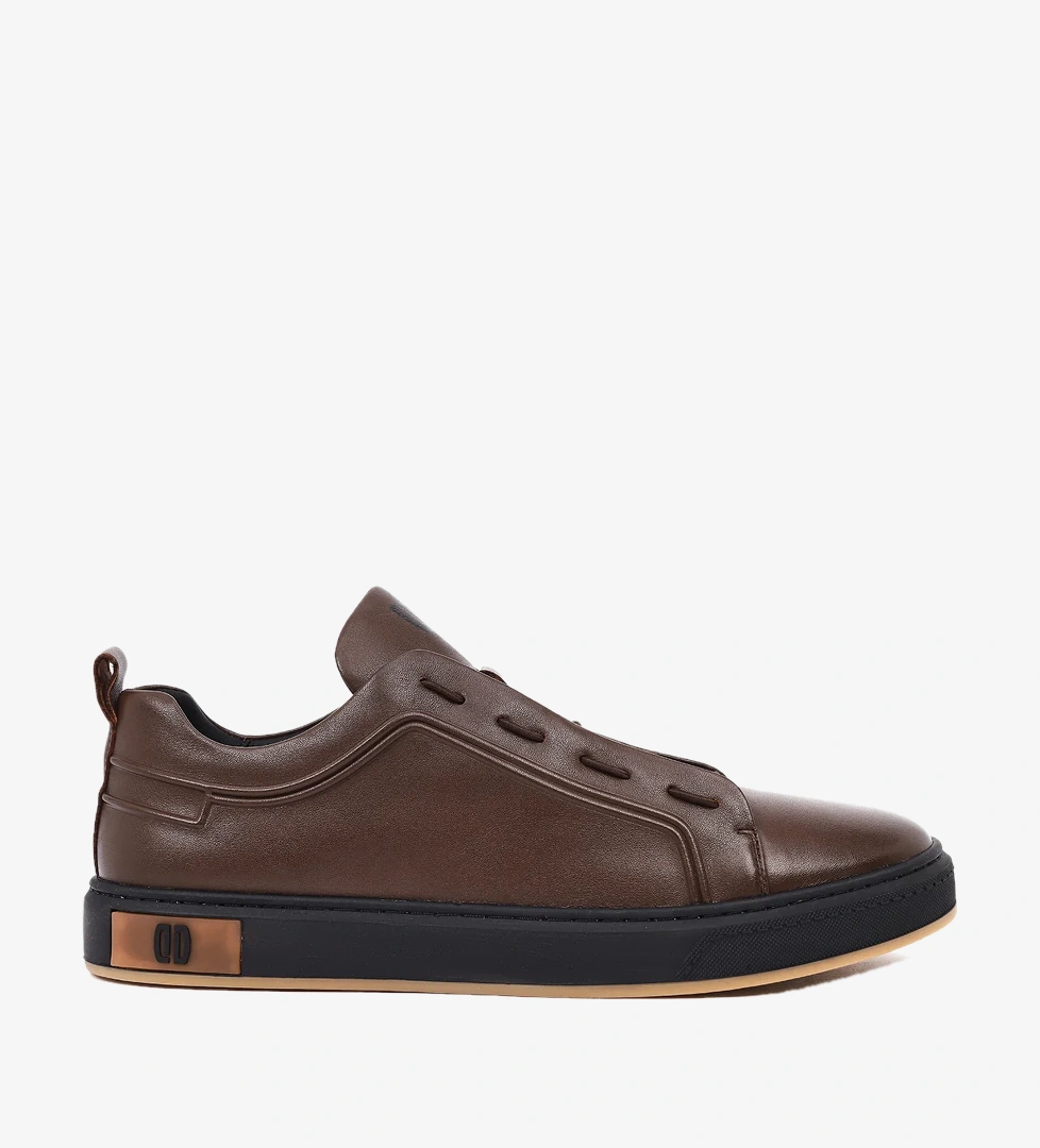 Erkek Kahverengi Bağcıklı Deri Sneaker