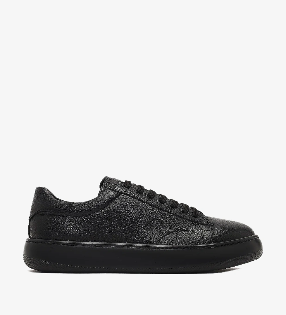 Erkek Siyah Bağcıklı Kalın Tabanlı Deri Sneaker