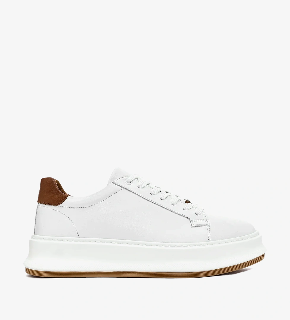 Erkek Beyaz Bağcıklı Kalın Tabanlı Deri Sneaker