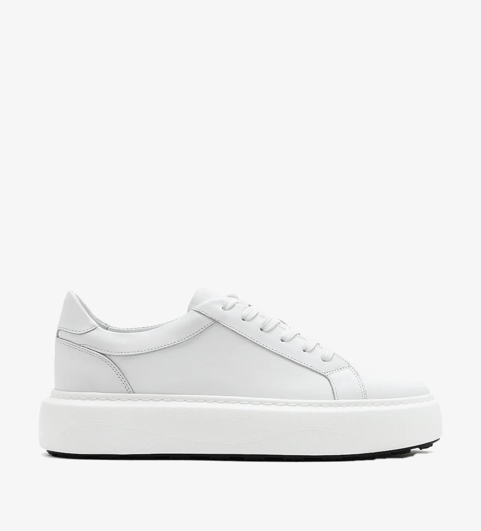 Erkek Beyaz Bağcıklı Kalın Tabanlı Deri Sneaker