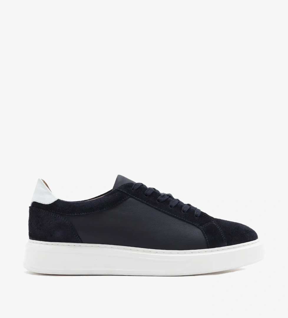 Erkek Lacivert Bağcıklı Kalın Tabanlı Deri Sneaker