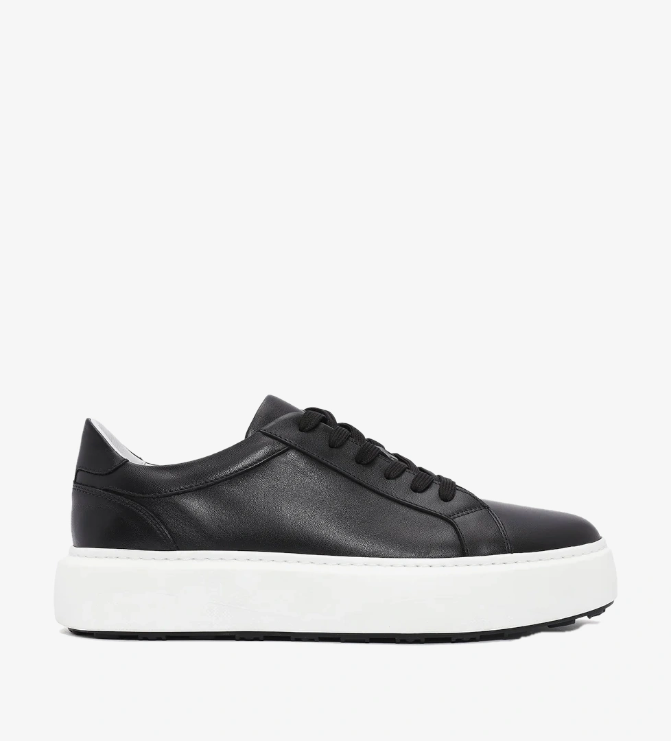 Erkek Siyah Bağcıklı Kalın Tabanlı Deri Sneaker