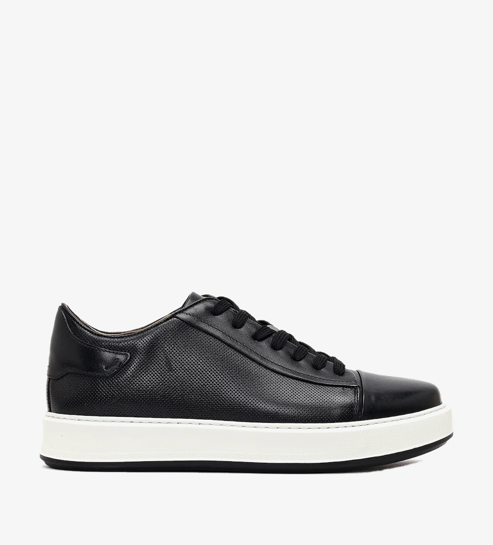 Erkek Siyah Bağcıklı Kalın Tabanlı Deri Sneaker