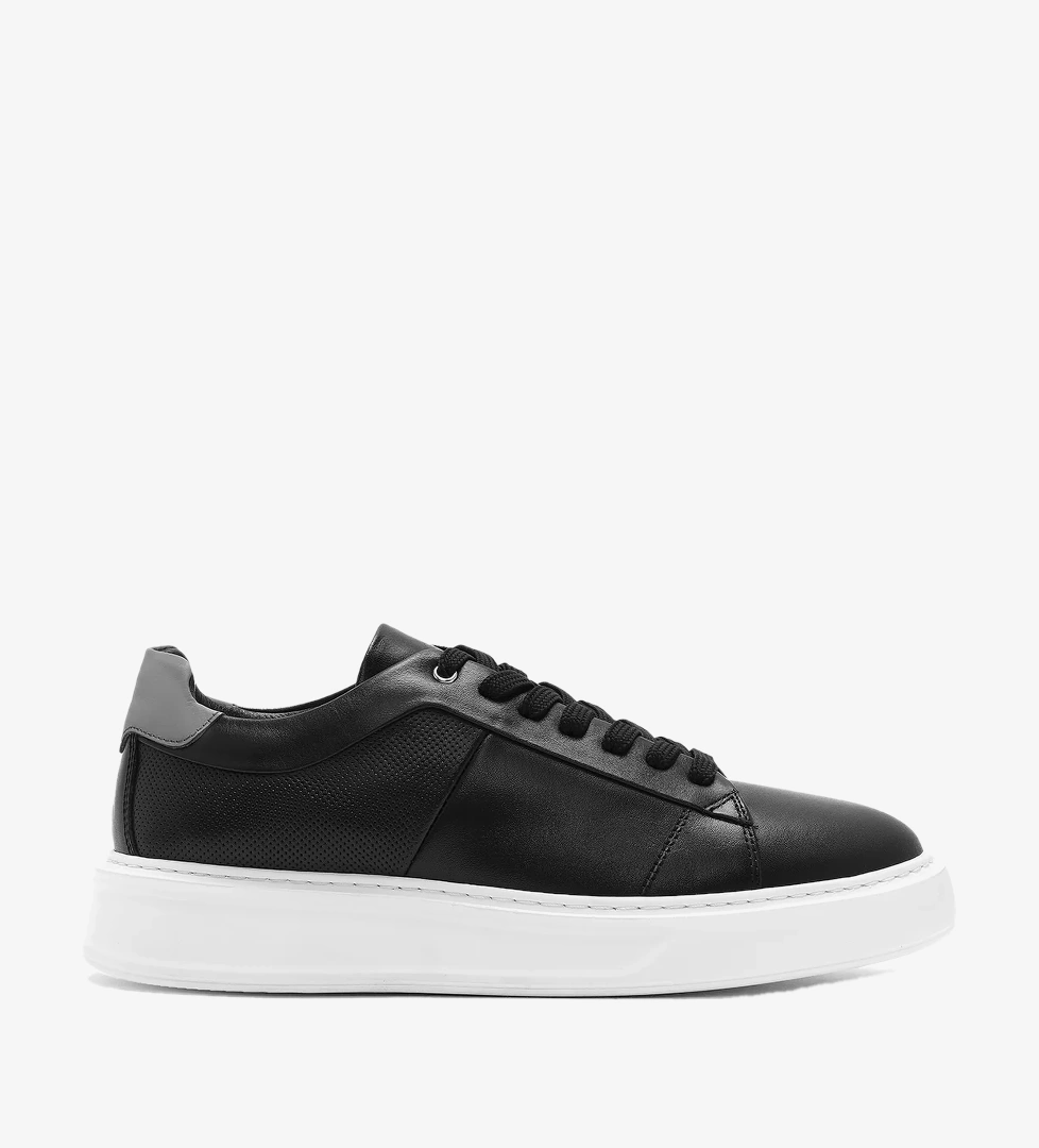 Erkek Siyah Bağcıklı Kalın Tabanlı Deri Sneaker