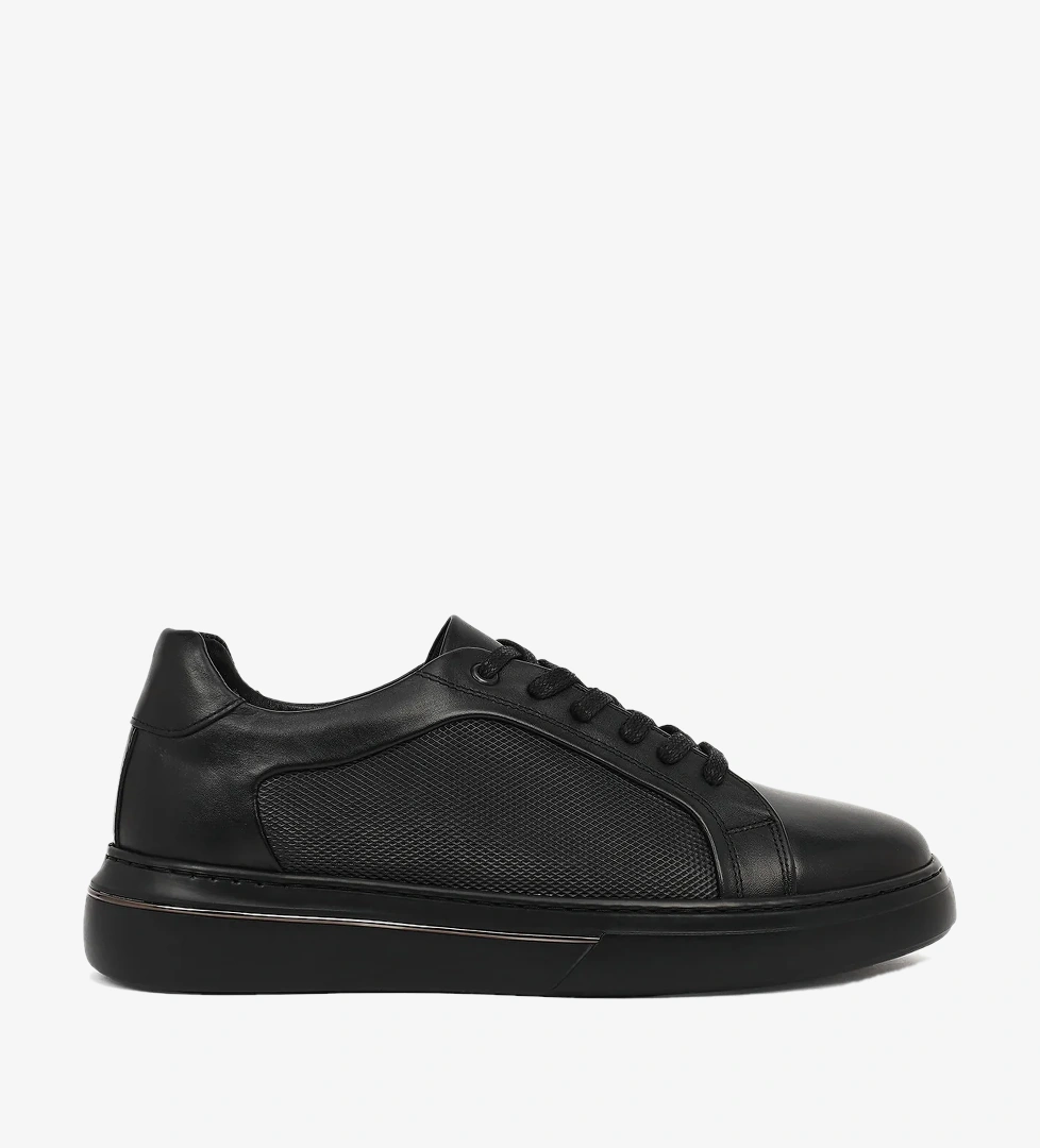 Erkek Siyah Bağcıklı Deri Sneaker