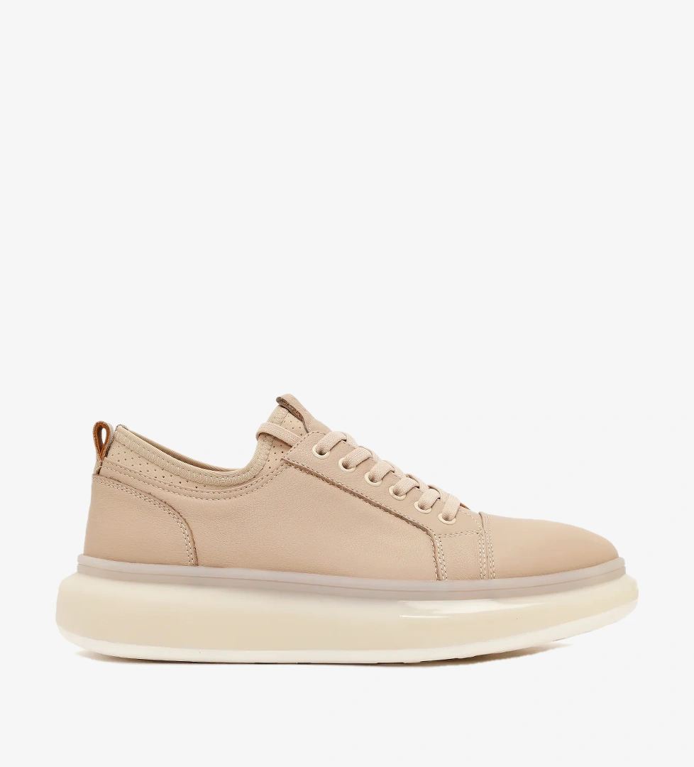 Erkek Bej Bağcıklı Kalın Tabanlı Deri Sneaker