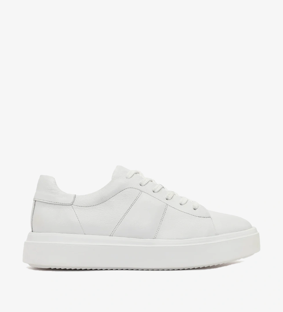 Erkek Beyaz Bağcıklı Kalın Tabanlı Deri Sneaker