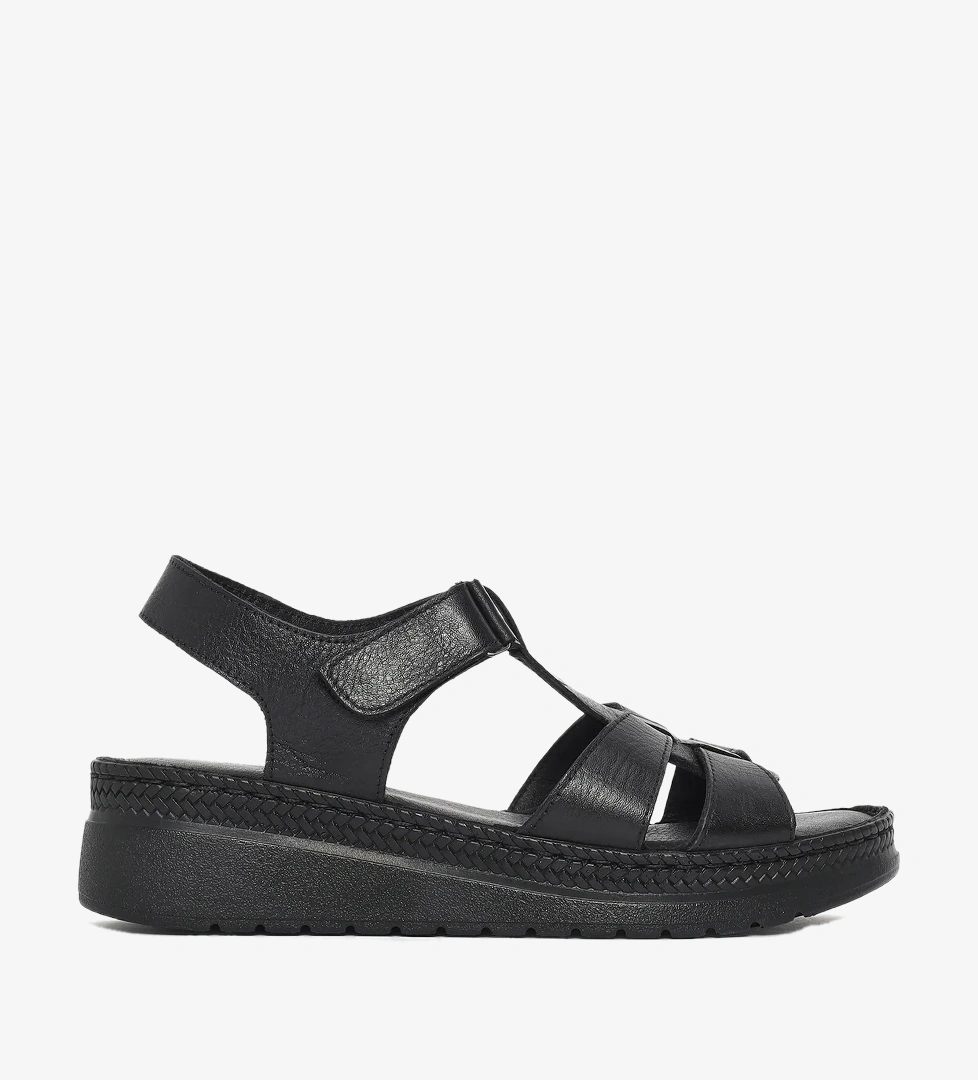 Kadın Siyah Kalın Tabanlı Deri Comfort Sandalet