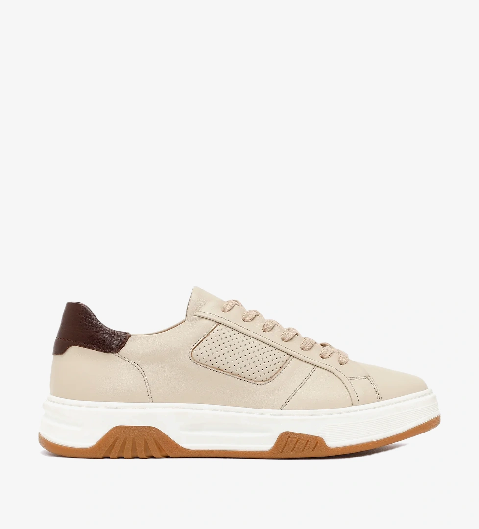 Erkek Bej Kalın Tabanlı Bağcıklı Deri Sneaker