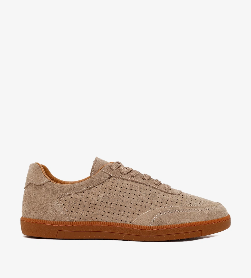 Erkek Bej Bağcıklı Süet Deri Sneaker