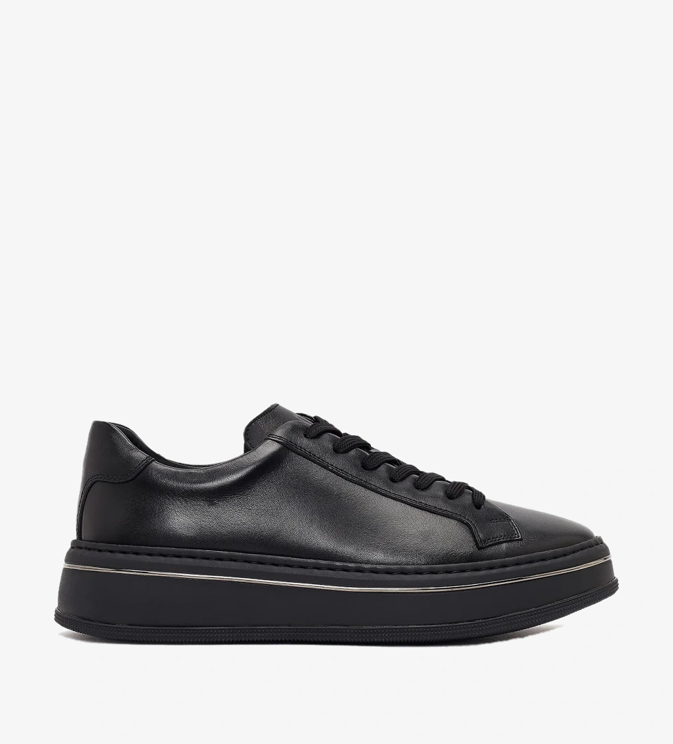 Erkek Siyah Bağcıklı Kalın Tabanlı Deri Sneaker