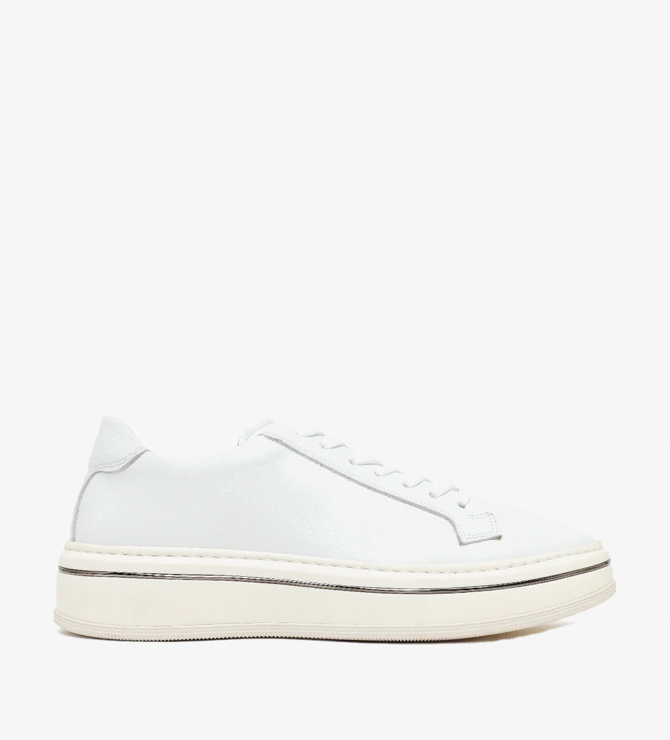 Erkek Beyaz Bağcıklı Kalın Tabanlı Deri Sneaker