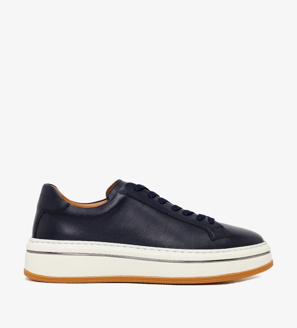 Erkek Lacivert Bağcıklı Kalın Tabanlı Deri Sneaker