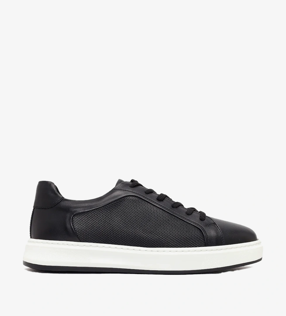 Erkek Siyah Bağcıklı Kalın Tabanlı Deri Sneaker