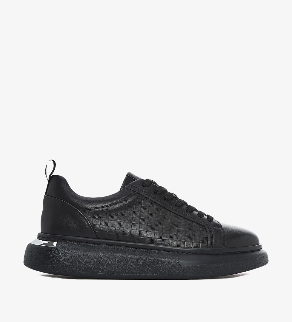 Erkek Siyah Bağcıklı Kalın Tabanlı Deri Sneaker