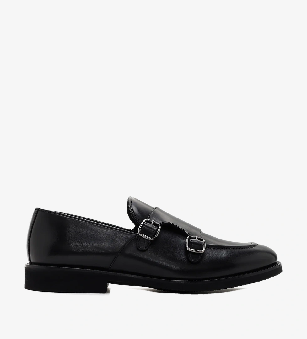Erkek Siyah Çift Tokalı Deri Casual Loafer