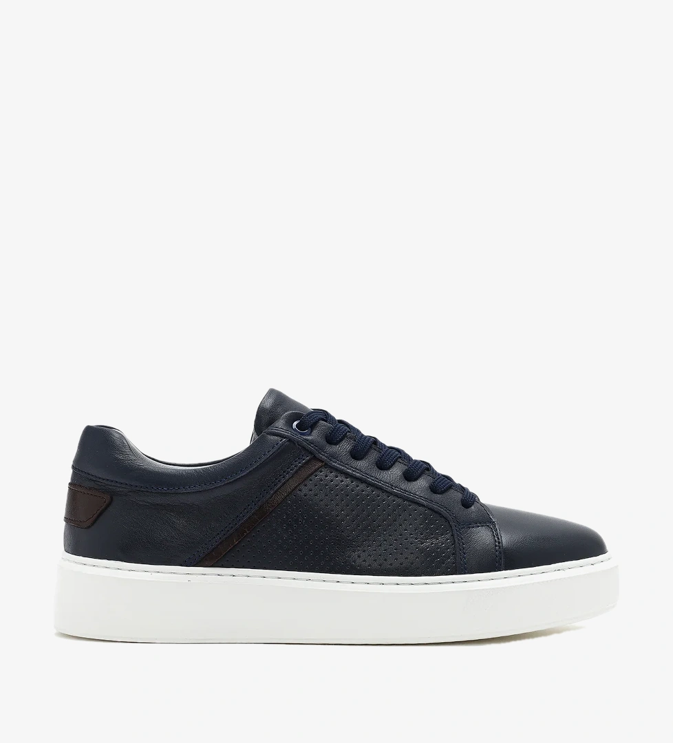 Erkek Lacivert Bağcıklı Deri Sneaker