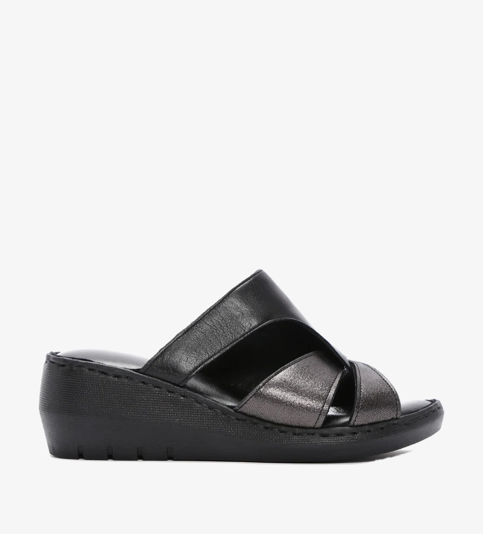 Kadın Siyah Dolgu Topuklu Deri Comfort Terlik