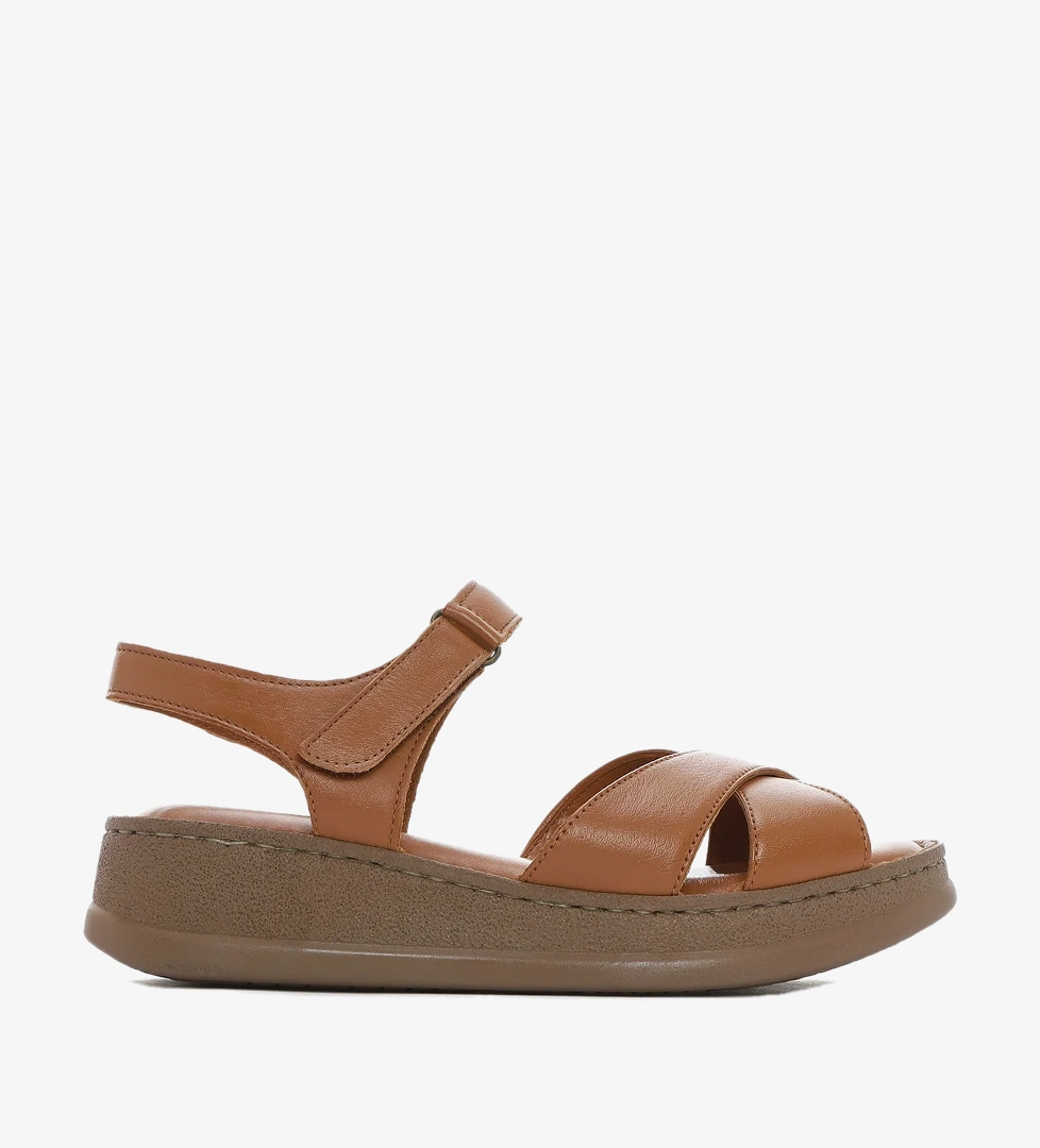 Kadın Taba Bilekten Bantlı Kalın Tabanlı Deri Comfort Sandalet