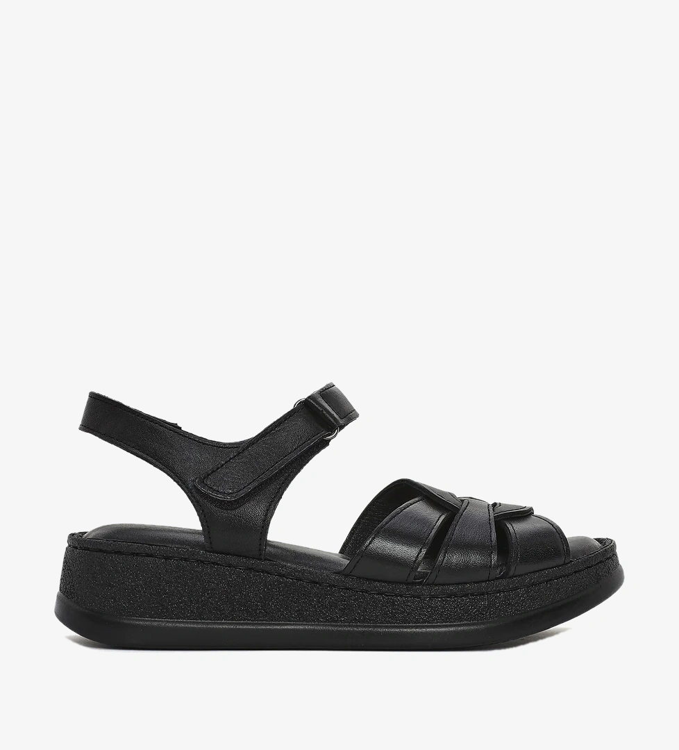Kadın Siyah Bilekten Bantlı Kalın Tabanlı Deri Comfort Sandalet