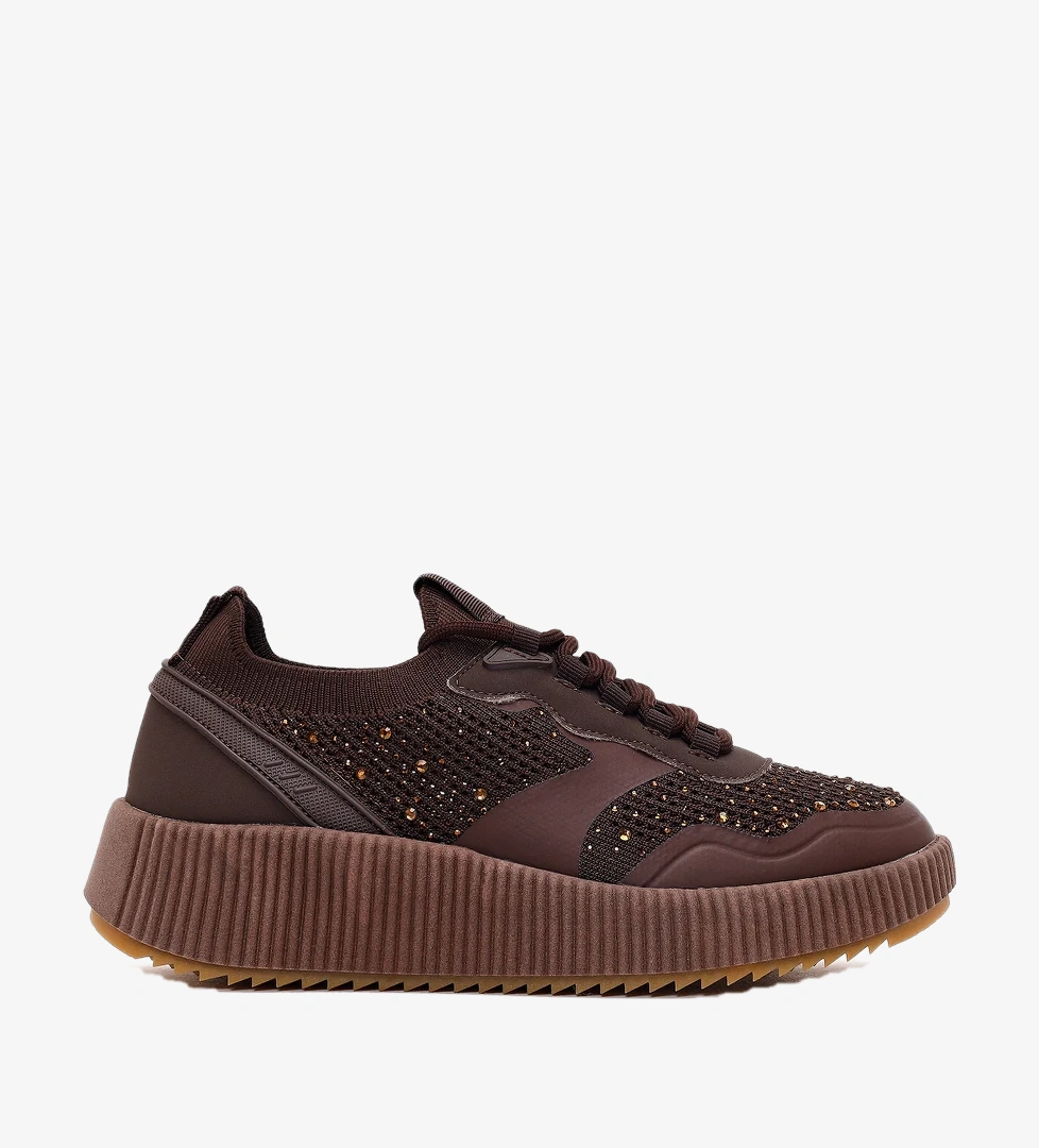 Derimod Zero Kadın Kahverengi Bağcıklı Kalın Tabanlı Taşlı Kumaş Sneaker