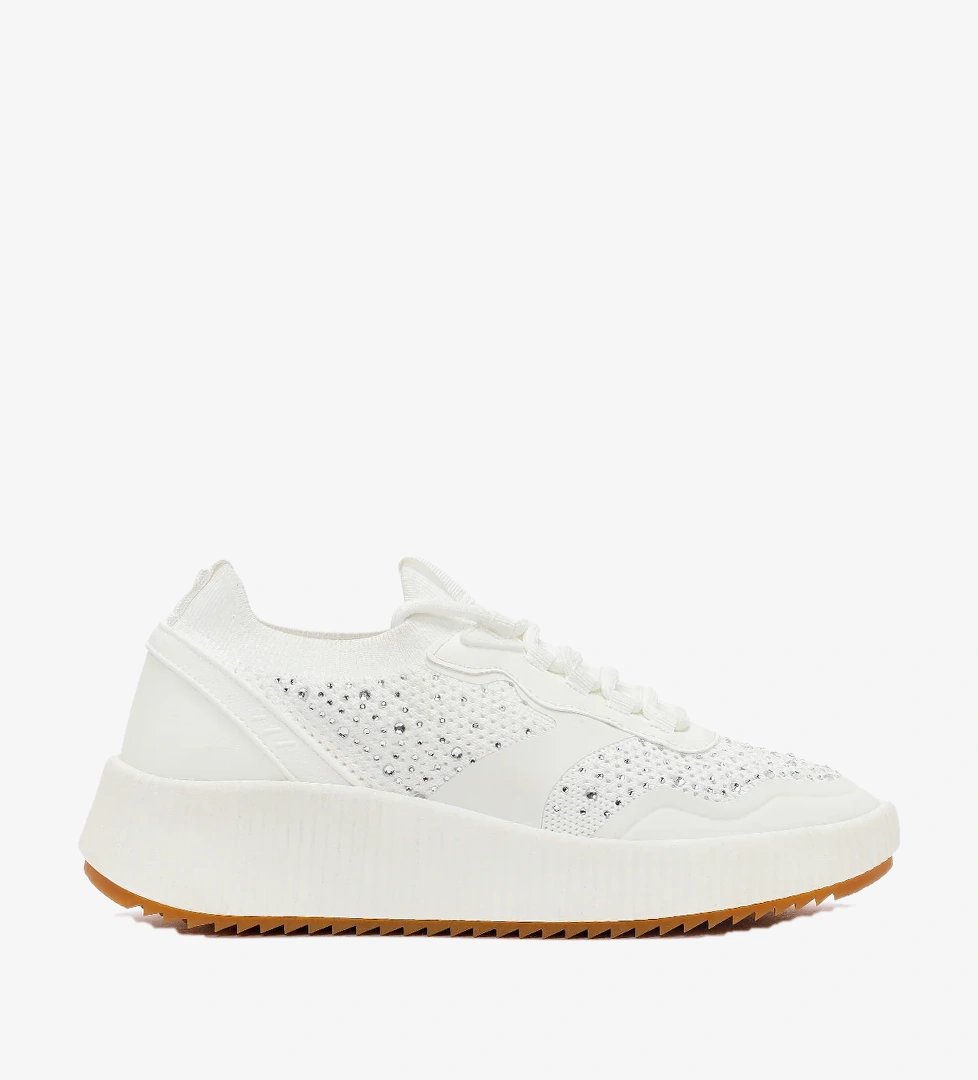 Derimod Zero Kadın Beyaz Bağcıklı Kalın Tabanlı Taşlı Kumaş Sneaker