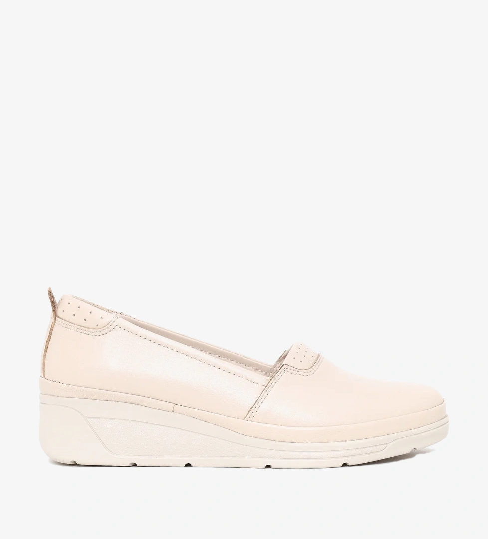Kadın Krem Dolgu Topuklu Deri Konfor Loafer