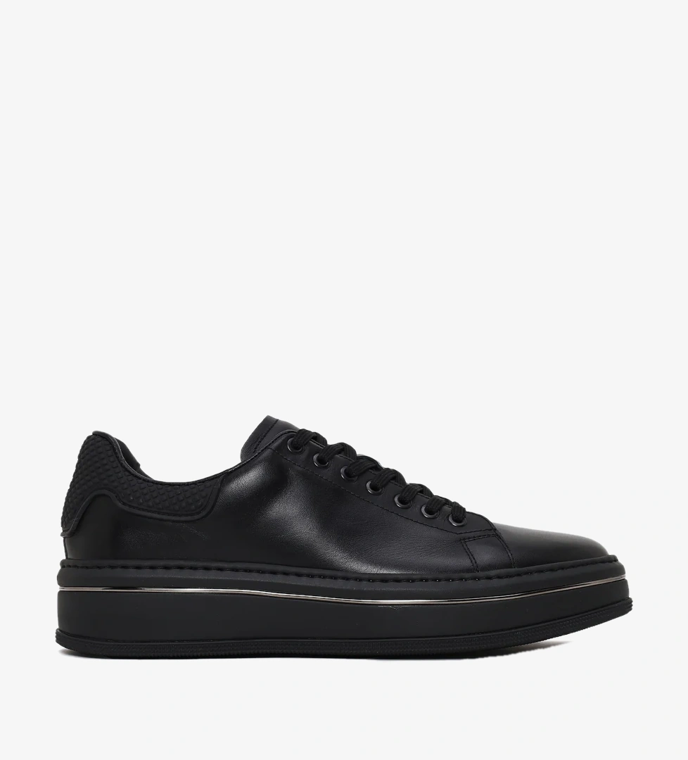 Erkek Siyah Bağcıklı Kalın Tabanlı Deri Sneaker