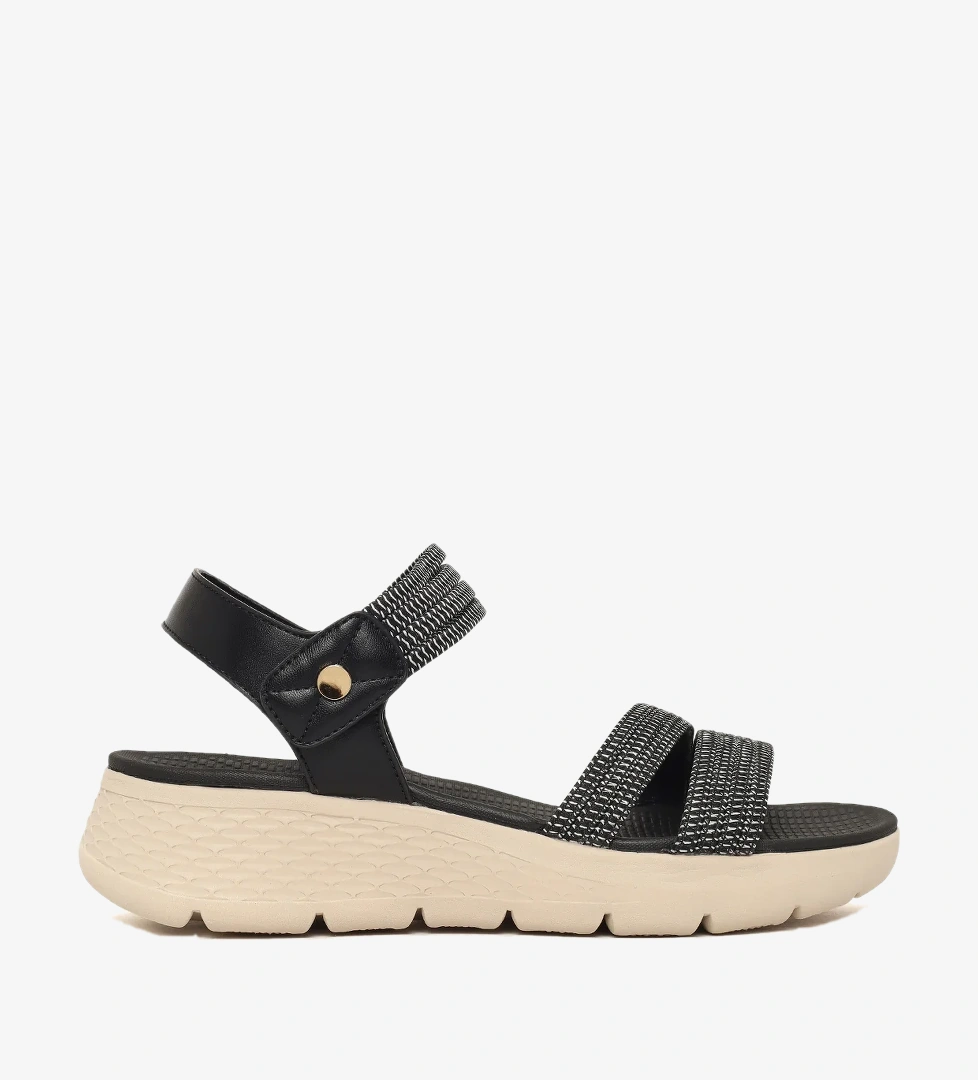 Kadın Siyah Kalın Tabanlı Kumaş Comfort Sandalet