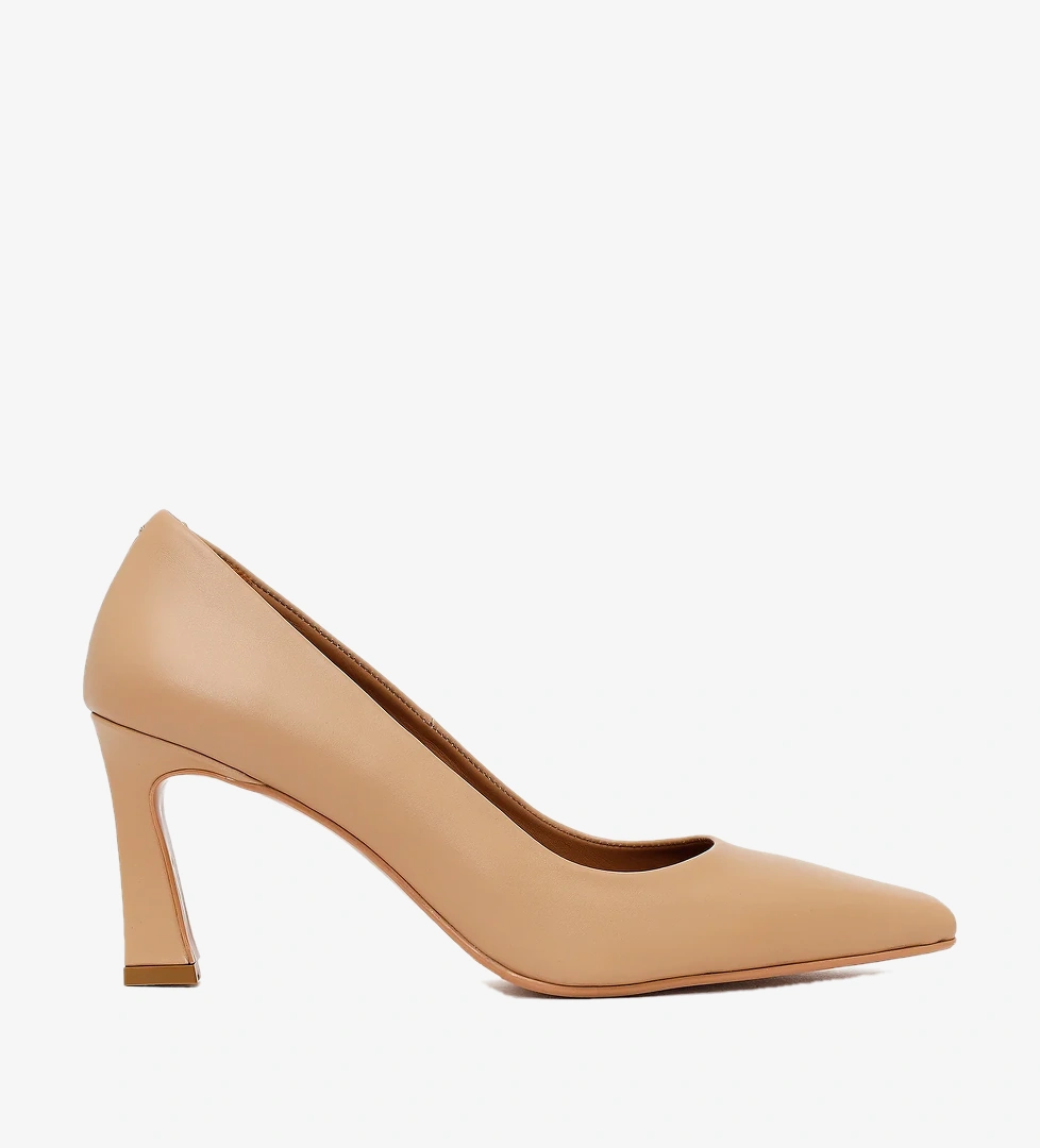 Kadın Bej Kalın Topuklu Deri Stiletto