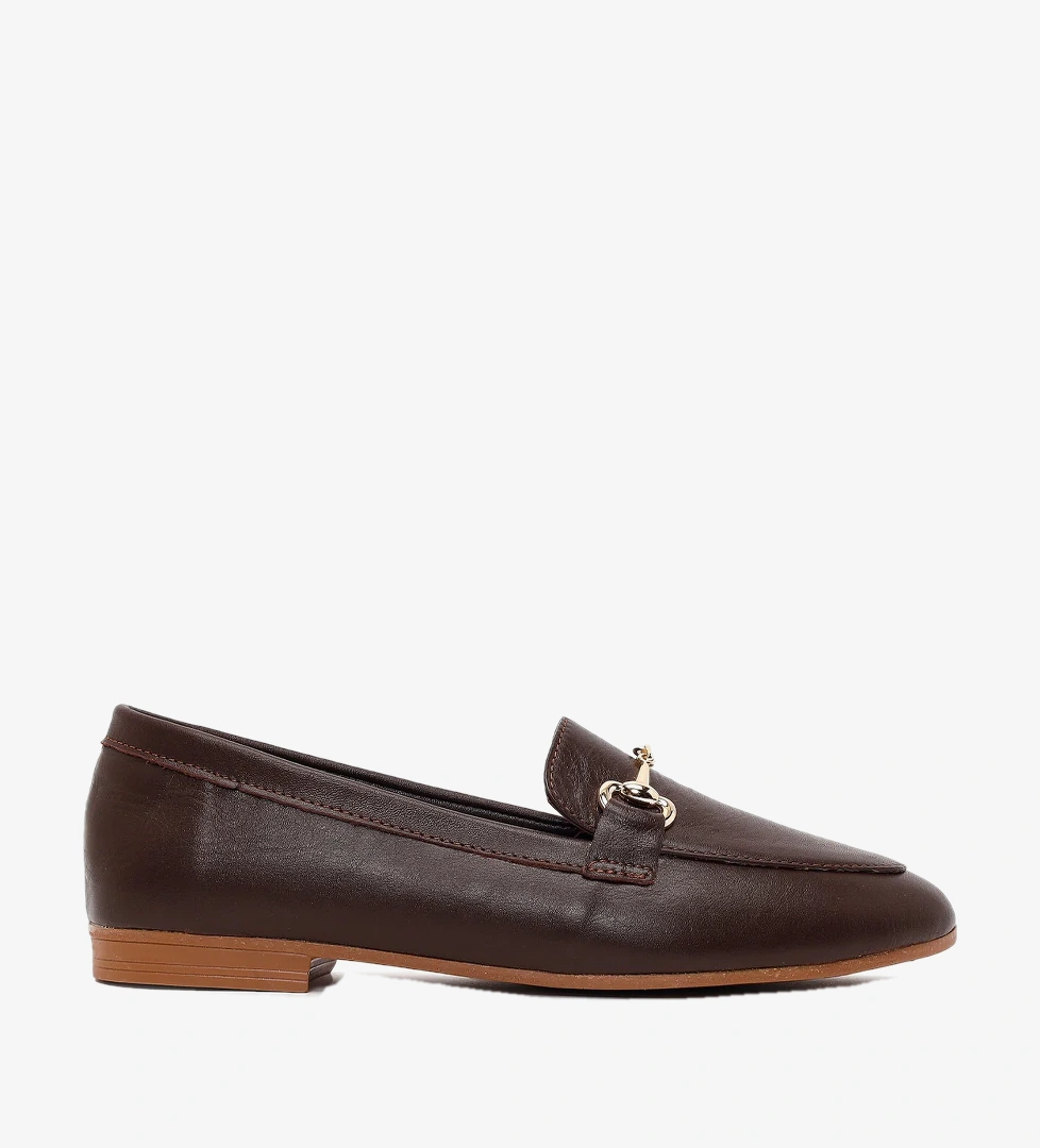 Kadın Kahverengi Tokalı Deri Klasik Loafer