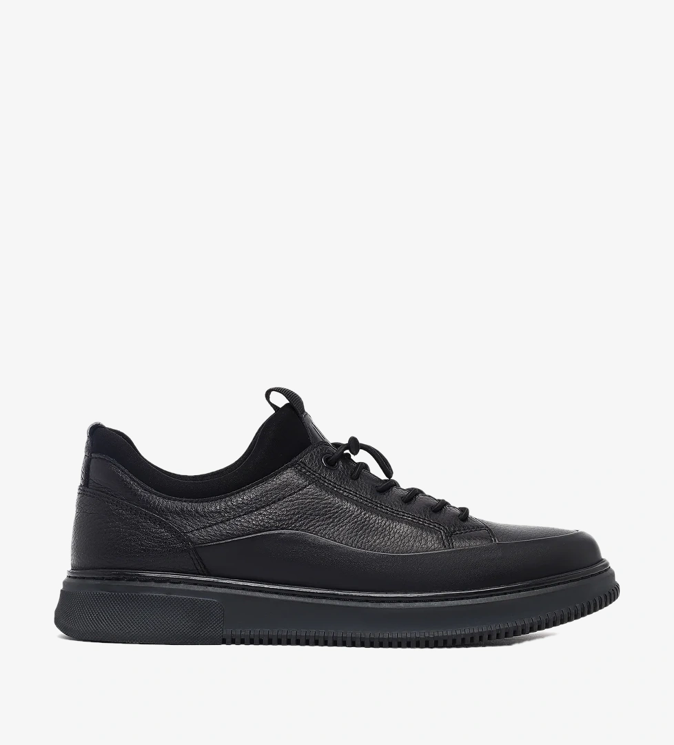 Erkek Siyah Bağcıklı Deri Sneaker