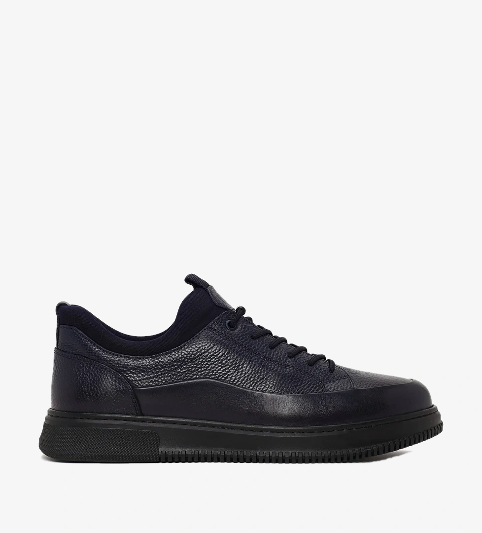 Erkek Lacivert Bağcıklı Deri Sneaker