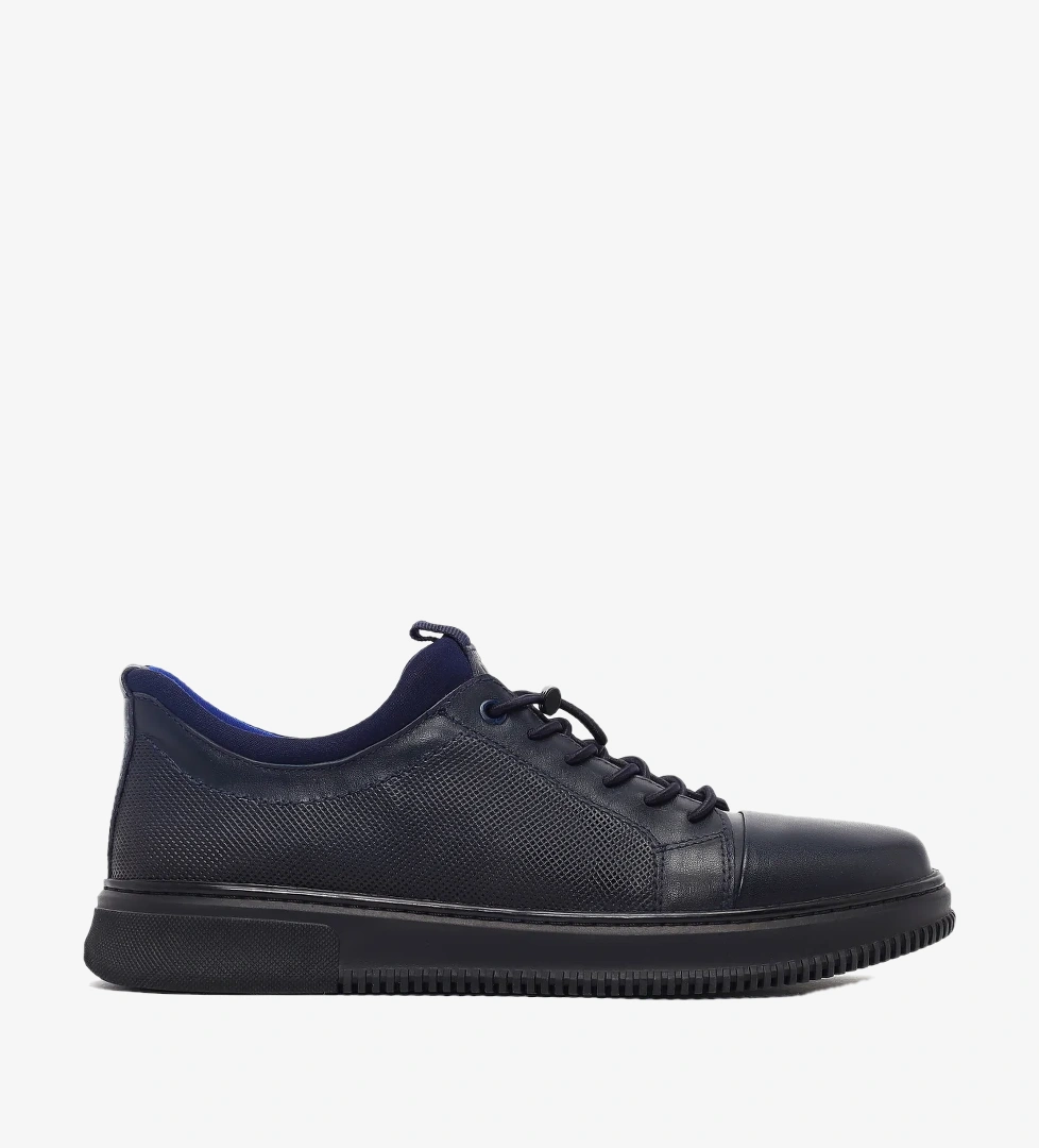 Erkek Lacivert Bağcıklı Deri Sneaker