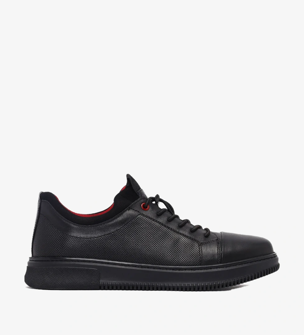 Erkek Siyah Bağcıklı Deri Sneaker